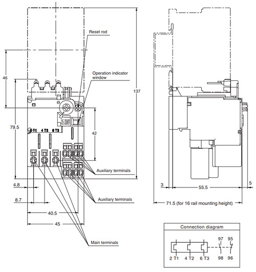 Technische Zeichnung - Omron Industrial Automation J7TC Thermisches Überlastrelais